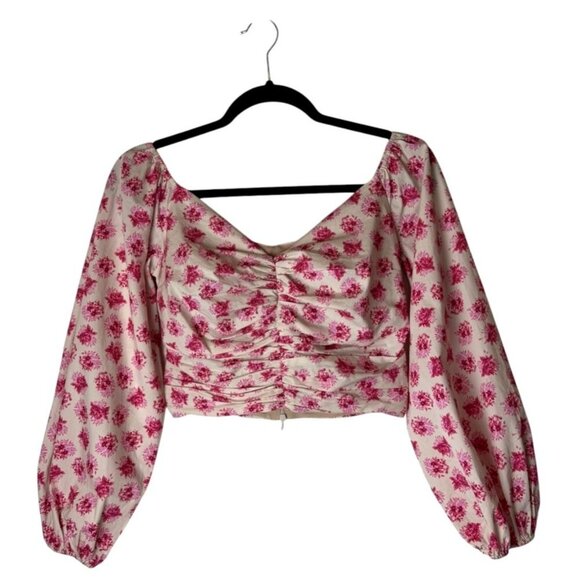 Zara Shirt Women Small Ivory Pink Floral Corset Bustier Long Sleeve Blouse Boho - Picture 2 of 9